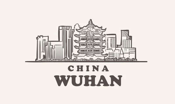 Wuhan cityscape esboço desenhado à mão, ilustração vetor china — Vetor de Stock