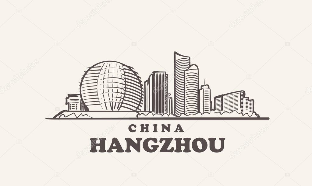 Hangzhou cityscape sketch hand drawn ,china vector