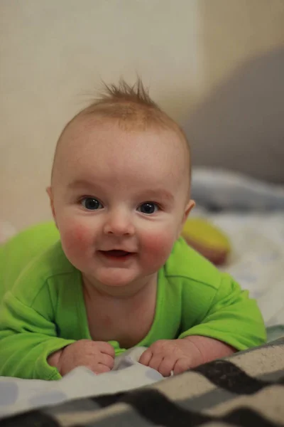 Cute Smiling Baby Boy Long Hair Lying White Background — Foto Stock