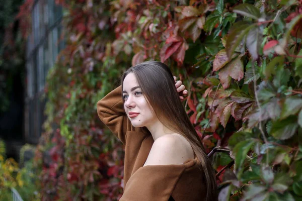 Ragazza bruna con i capelli lunghi. street style. Ragazza in cappotto — Foto Stock