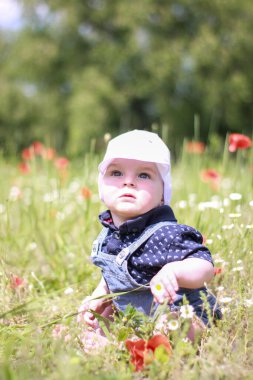 Küçük yeni doğmuş çocuk tarlada beyaz panama şapkalı gelinciklerle oturuyor.