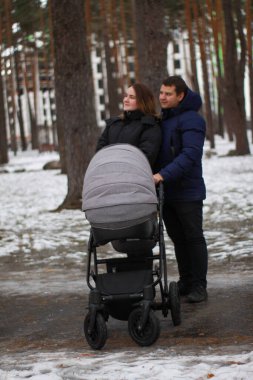 Genç bir aile kışın bebek arabasıyla parkta yürür. Mutlu aile fotoğrafı..