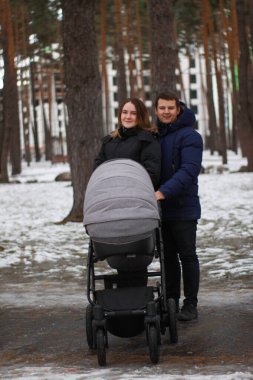 Genç bir aile kışın bebek arabasıyla parkta yürür. Mutlu aile fotoğrafı..