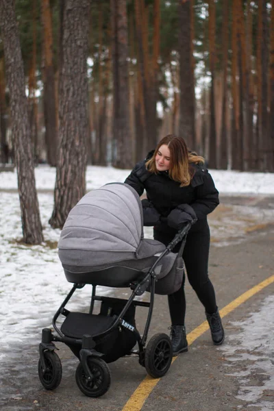 Jovem mãe em uma caminhada com seu bebê. menina com um bebê em um carrinho de bebê no inverno em um passeio. — Fotografia de Stock