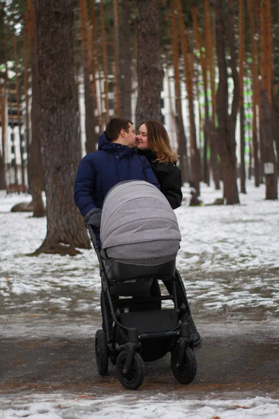 Familia joven camina en el parque con un cochecito en invierno. foto de familia feliz. — Foto de Stock