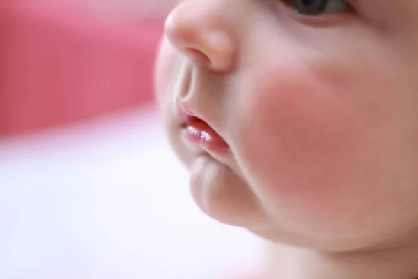 Wajah seorang anak laki-laki yang baru lahir dekat pipi bulat wajah — Stok Foto