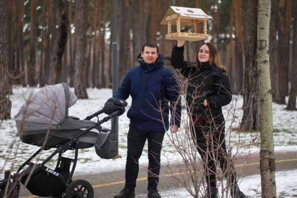 Genç bir aile kışın bebek arabasıyla parkta yürür. Mutlu aile fotoğrafı..