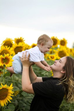 Esmer kadın, genç anne ve tatlı sarışın oğlu ayçiçeği tarlasında..