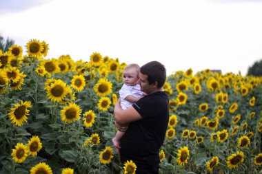 Esmer erkek baba ve tatlı çocuk sarışın oğul ayçiçeği tarlasında..