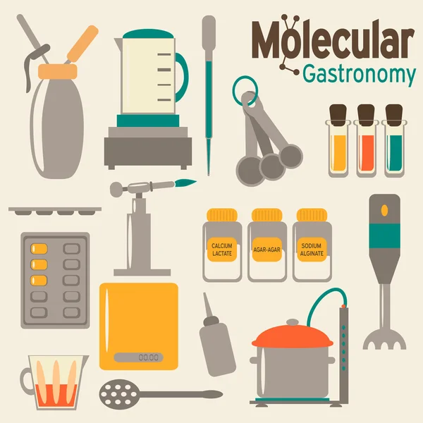 Conjunto plano de gastronomia molecular com liquidificador . —  Vetores de Stock