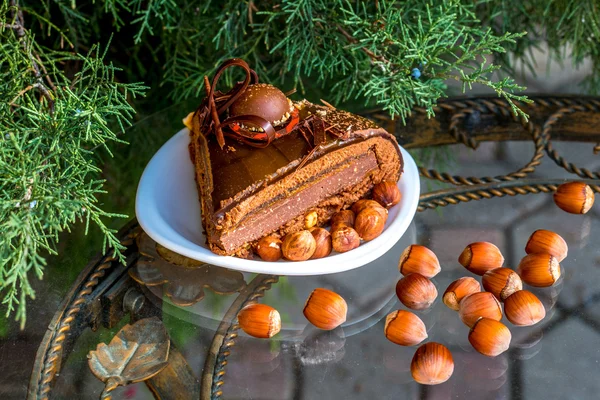 Čokoládový dort s oříšky, pozadí vánoční strom (bříza) — Stock fotografie