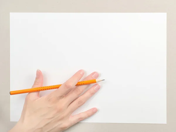 Hand met potlood op blanco papier vel — Stockfoto