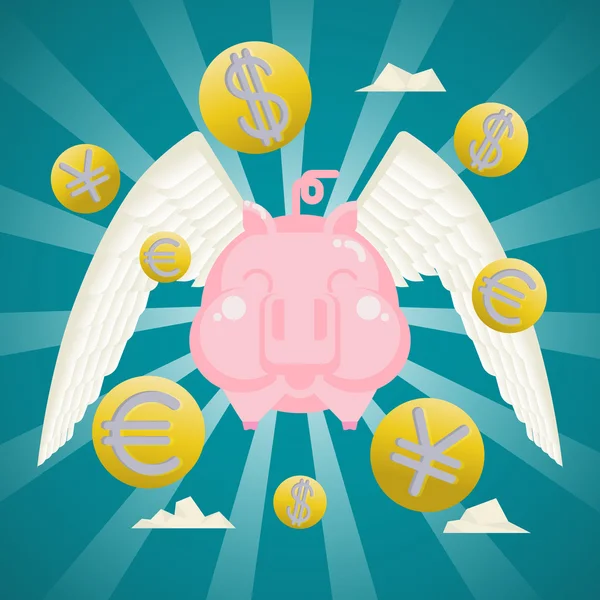 经营理念，微笑的小猪银行与硬币货币翅膀. — 图库矢量图片