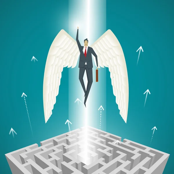 Üzleti koncepció, üzletember szárnyakkal repül fel ki a labirintusban — Stock Vector