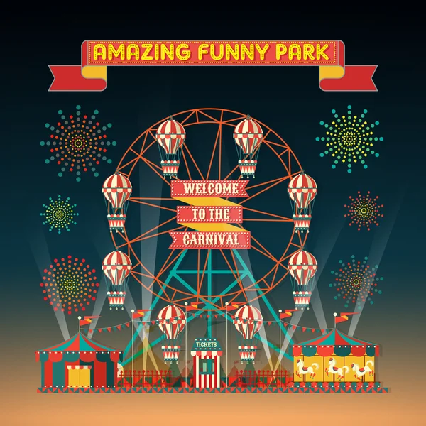 FUNNY PARK CARNIVAL NIGHT SCENE ELEMENTS — Stock Vector