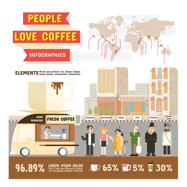 Les gens aiment le café infographies, dessin animé personnage de conception et des éléments de café amant illustration vectorielle . — Image vectorielle