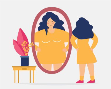 Cılız kadın aynaya bakıyor ve kendini şişman görüyor. Sinir hastalığından muzdarip bir kadın ya da kız, sağlıksız beslenme pankartı. Şizofreni, bipolar, akıl sağlığı hastalığı, düşük özgüven kavramı. Düz vektör illüstrasyonu