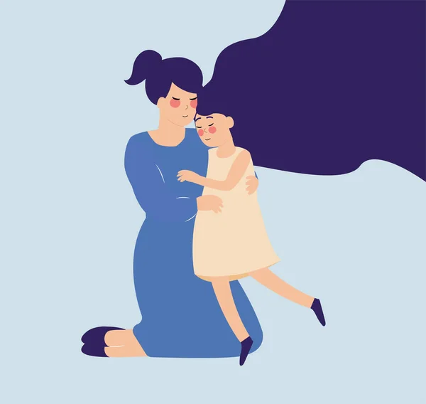 Uma Mãe Senta Chão Abraça Sua Filha Com Cuidado Amor — Vetor de Stock