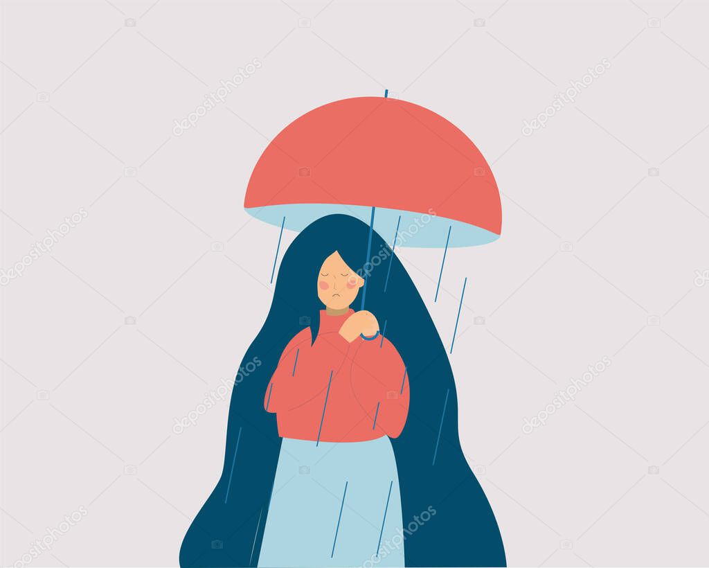 Sad girl holds an open umbrella which does not cover her from the rain. Colorful woman in a depressive state. Female with mental health disorder or broken heart. Inner world, stress, depression or anxiety concept. Flat vector illustration.