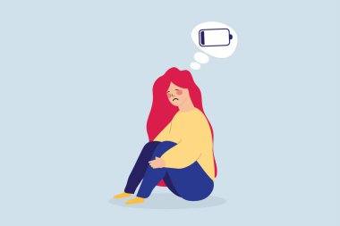Yorgun kadın karakter dizlerine sarılırken oturuyor. Şarjı az olan bir kadın. Kızın yardıma ihtiyacı var ve depresyon stresi ve anksiyeteden muzdarip. Düz dizayn, akli dengesi bozuk yorgun bir kadın. Duygusal çöküntü konsepti. Düz vektör illüstrasyonu.