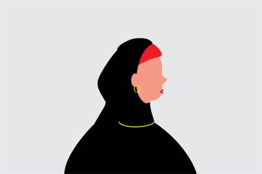 Türbanlı, abaya ve küpeli Arap kadın. Orta Doğu bölgesindeki Arap yetişkin bir bayanın yüzü yok. Arap kıyafetli Müslüman bir kız. Kadınlar günü cinsiyet eşitliği, kadınlar hareket konseptini güçlendiriyor. Düz vektör illüstrasyonu.