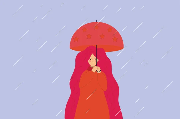 Donna Personaggio Detiene Ombrello Mentre Ragazza Gioiosa Che Ama Pioggia — Vettoriale Stock