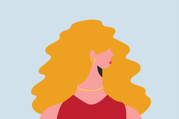 Strong blond woman portrait. Fashionable character with side view. Strong European or American business lady with red dress and wavy orange hair. Confident lady, women empowerment movement, gender equality concept. Flat poster. Vector illustration