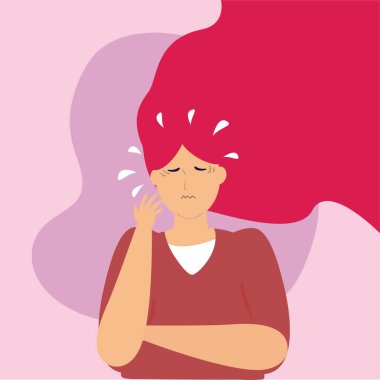 Kronik akıl sağlığı nedeniyle kendini rahatsız hisseden kadın karakter. Alzheimer, anksiyete, hafıza kaybı, hafıza kaybı, depresyon, stres ya da bunama yüzünden kadının yardıma ihtiyacı var. Akıl sağlığı bozukluğu, psikoloji, zorbalık kavramı. Vektör illüstrasyonu