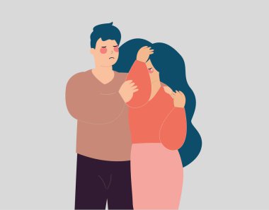 Babam onun stresli ve depresif kızını destekliyor. Erkek, zor durumlardan en iyi ya da kız arkadaşını rahatlatır ve onunla ilgilenir. Gerçek dostluk, aile destek konsepti. Vektör çizimi. Düz tasarım biçimi