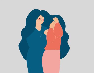 Depresyondan dolayı en iyi arkadaşı tarafından desteklenen genç bir kadın. Dişi, ağlayan kız arkadaşını teselli eder ve onunla ilgilenir. Ruh sağlığı anne ve kızı destek konsepti. Vektör çizimi. Düz tasarım biçimi