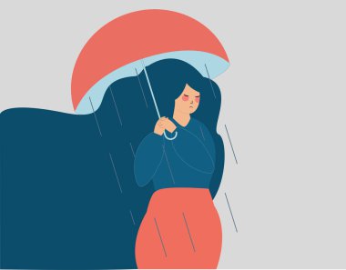 Depresyonlu bir kadın, kendisini sisli hava ve yağmurdan korumayan bir şemsiye tutar. Stresli bir kız üzgün bir durumda. Akıl sağlığı, negatif duygusal durum, iç dünya konsepti. Vektör çizimi. Düz tasarım biçimi