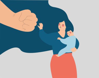 Bir anne bebeğini ya da oğlunu onu tehdit eden tehlikeli bir yumruktan korur. Aile içi şiddet, aile içi şiddet, olumsuz ebeveynlik. Çocuklara sataşmayı bırak. Vektör illüstrasyonu.