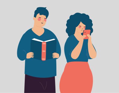 Çift, Fomo ve Jomo 'nun koşullarını temsil ediyor. Mutlu Adam kitap okuyor. Akıllı telefondan bağlanan bir kadın üzgün, stresli ve depresif görünüyor. Kaçırma sevincini kaybetme korkusu, akıl sağlığı kavramı. Vektör illüstrasyonu