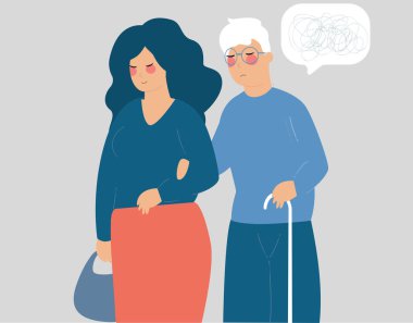 Genç bir kadın yaşlı bir adamı sopayla umursuyor. Sosyal yardım. Dikkat edin efendim, gönüllü olarak yaşlılarla çalışmak onlara destek oluyor. Yaşlılar, hafıza kaybı, bunama ve Alzheimer akıl hastalığı konsepti. Vektör illüstrasyonu