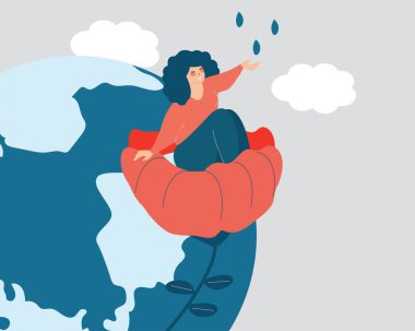 Kadın mutlu bir yüzle bir çiçeğe oturur ve su damlalarını yakalar. Kız dünyayı, doğayı ve çevreyi önemser. Rehabilitasyon, terapi, refah ve iç huzur kavramı. Vektör illüstrasyonu.