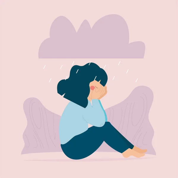 Femme Assise Pleurant Cause Anxiété Une Crise Panique Fille Avec — Image vectorielle