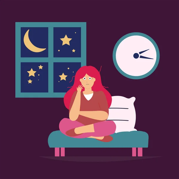 Young Woman Suffering Headache Due Insomnia Sleepless Girl Bedroom Feeling — Stock Vector