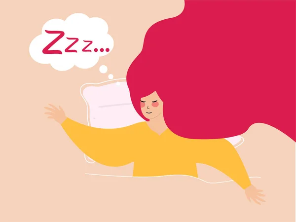 Γυναίκα Κοιμάται Βράδυ Στο Κρεβάτι Της Φαίνεται Ευτυχισμένη Χαλαρή Ένα — Διανυσματικό Αρχείο