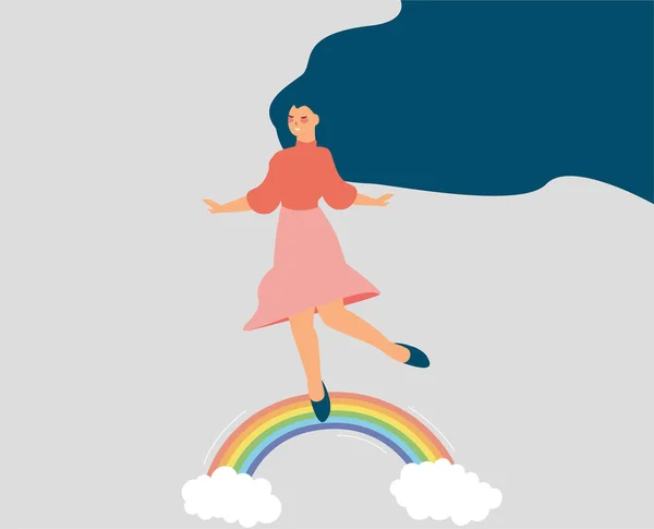 Hembra Feliz Transmite Ambiente Positivo Mientras Camina Sobre Arco Iris — Vector de stock