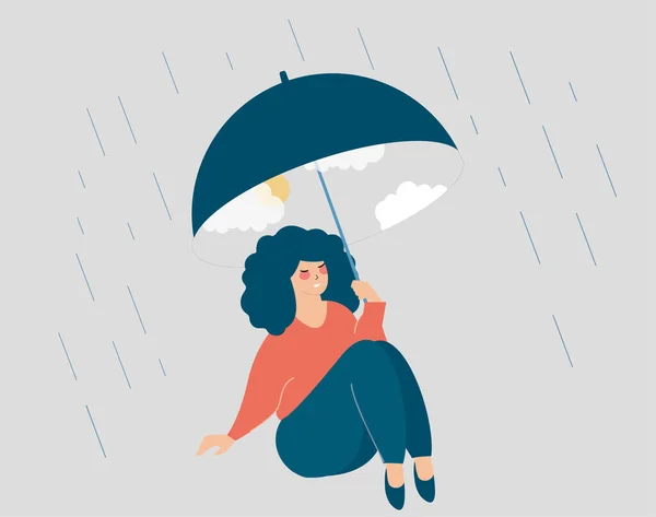 Woman Happy Face Covers Herself Rain Young Girl Holding Umbrella — Stock Vector