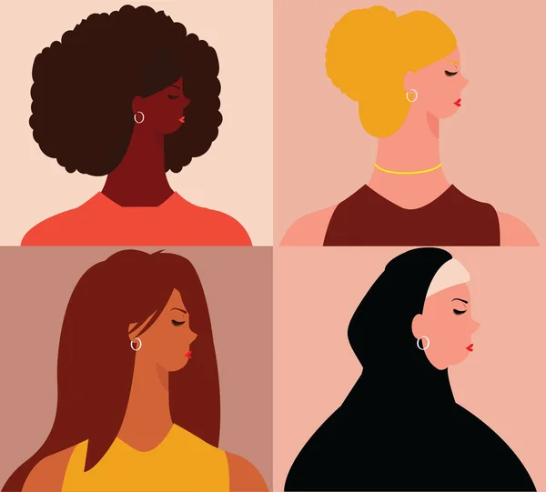 Ομάδα Επίπεδων Γυναικών Από Διαφορετικές Παραδόσεις Κουλτούρες Γυναικεία Αφίσα Επιχειρηματία — Διανυσματικό Αρχείο