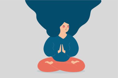 Bacak bacak üstüne atmış hamile bir kadın arabuluculuk yapıyor. Gözleri kapalı olan kız sabahları yoga yapıyor, evde dinleniyor ve nefes alıyor. Fitness konsepti için düz tasarım vücut stili. Vektör çizimi. Düz tasarım biçimi