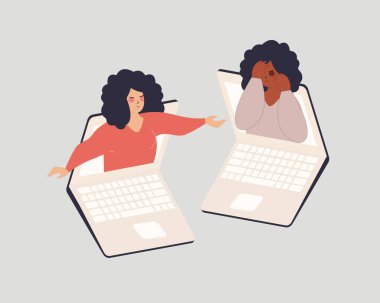 Girl comforts her best friend who needs help in the social media. Girl consoles online a black woman with mental health disorder. Friendship, therapy, support, human relationships. vector illustration