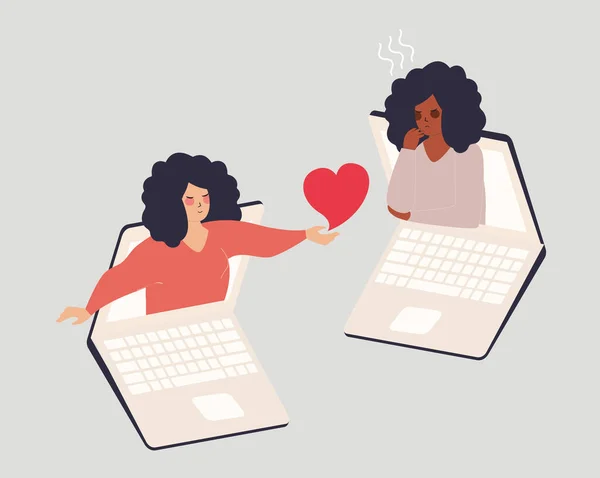 Flat Character Woman Comforts Her Best Friend Computer Girl Consoles — Stok Vektör