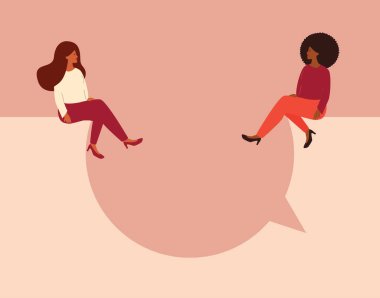 Women talking concept. Strong girls sitting and having a discussion on a big speech bubble while looking to each other. Women empowerment movement, gender equality, business women concept. Vector.