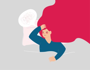 Woman has trouble sleeping and suffer from insomnia. Girl has difficult to fall asleep and has headaches at night. Female looks sleepy and stressed while lying on bed. mental health, insomnia concept.