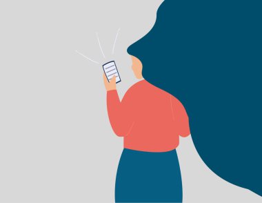 Girl surfing on the internet on her mobile. Young woman reads the news on her smartphone. Concept of communication via the phone, fear of missing out, social media addiction. Vector illustration.