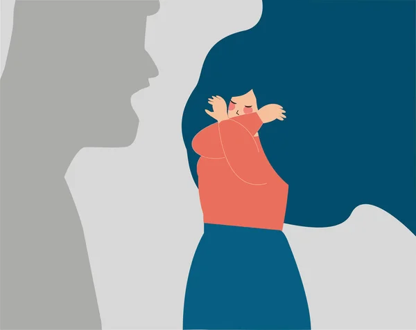 Dangerous Human Shadow Threatens Woman Strong Young Girl Says Abuse — Stock Vector