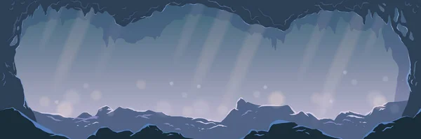 光に照らされた鍾乳石のある暗い洞窟のパノラマ 水平線のシーン — ストックベクタ