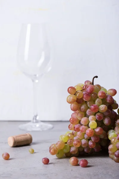 Wine making supplies, fresh grape with wine glass. Light background, copy space.